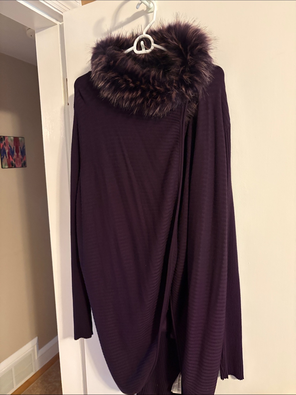 Alfani Plum Open-Front Cardigan Xxl Wfaux-Fur Trim Satin Trim Tee 0x Like New